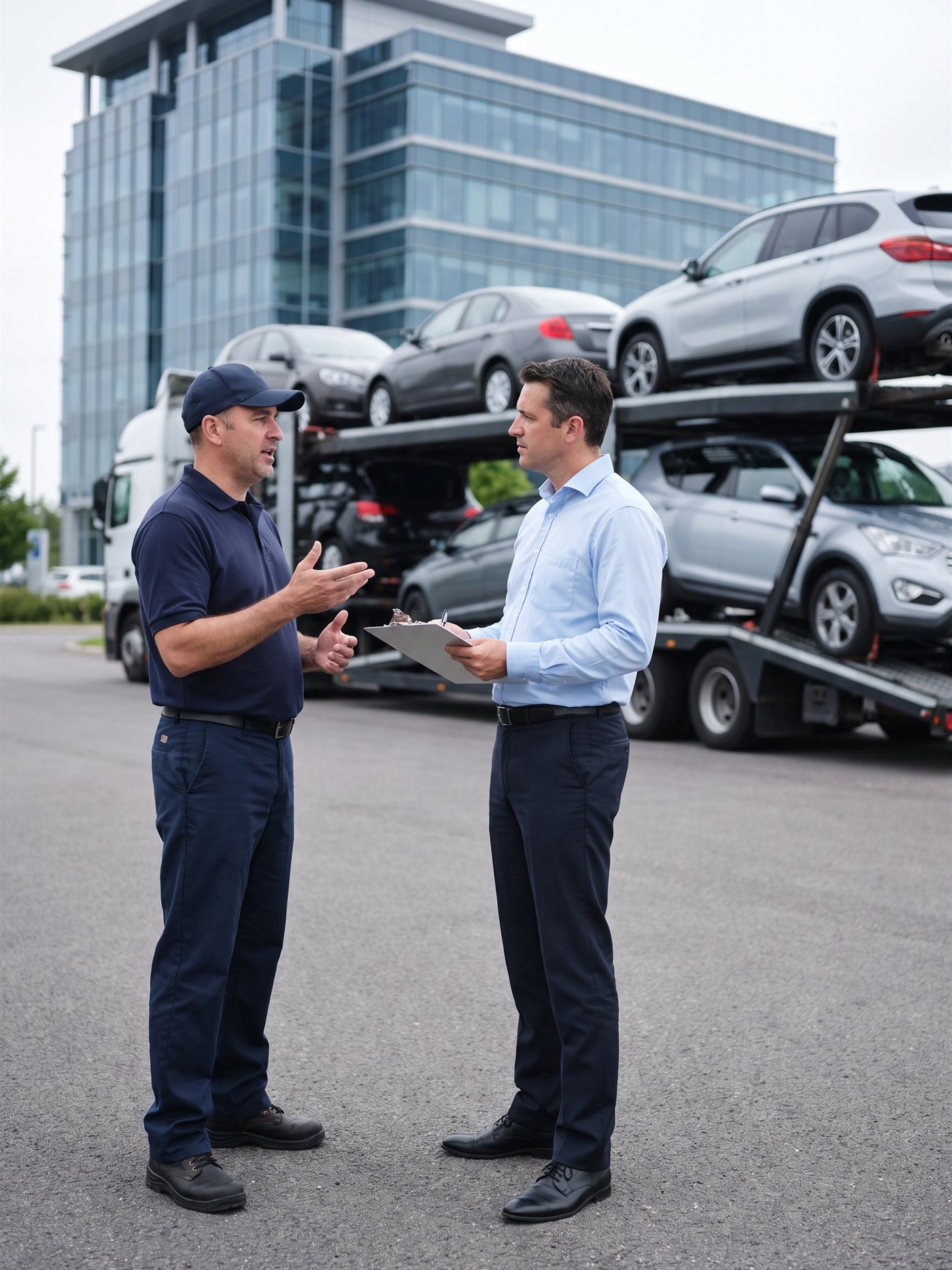 A truck driver and a dealership manager talking beside a loaded open car carrier